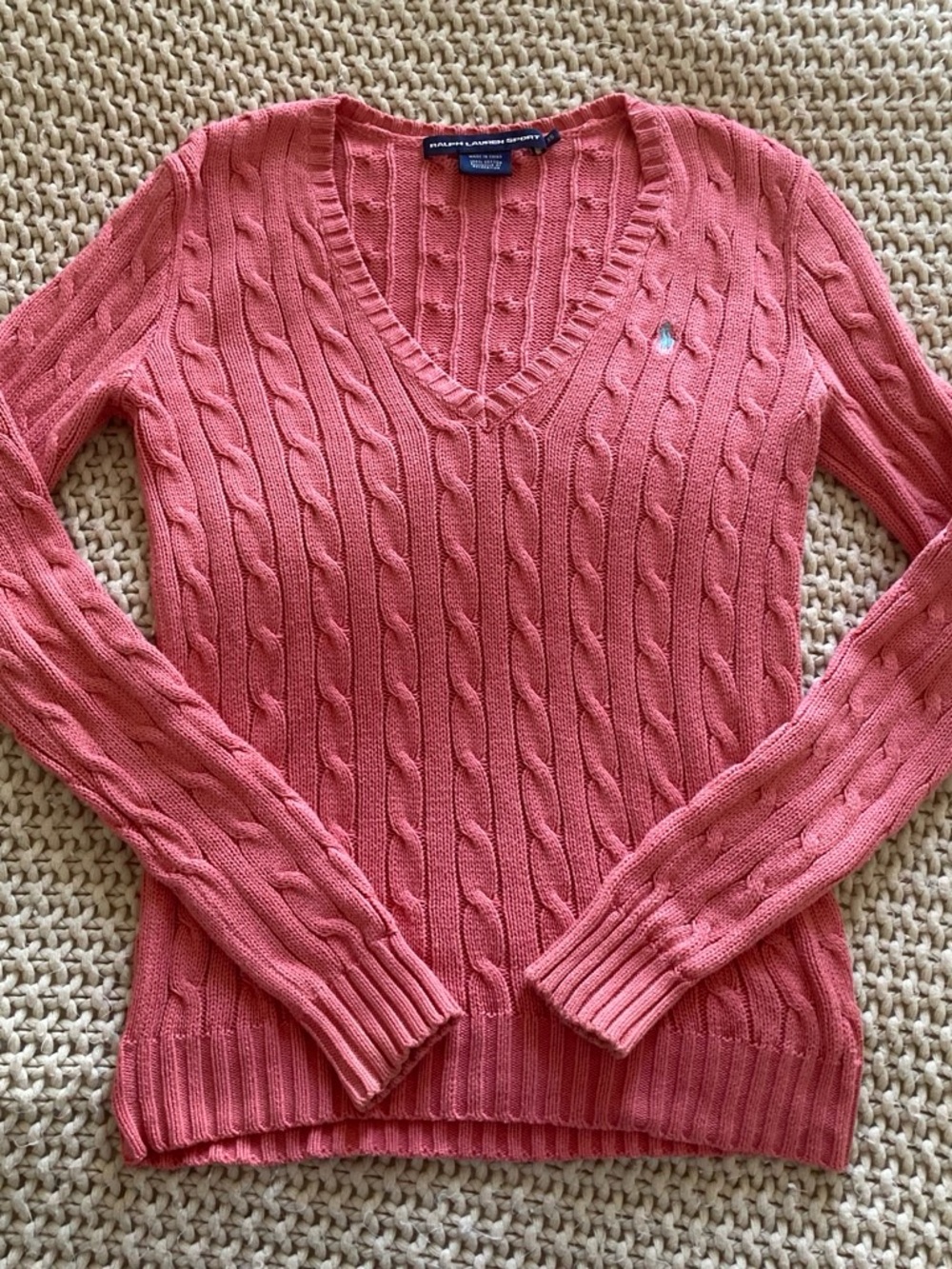 Ralph Lauren Coral Cable-Knit V-Neck Sweater